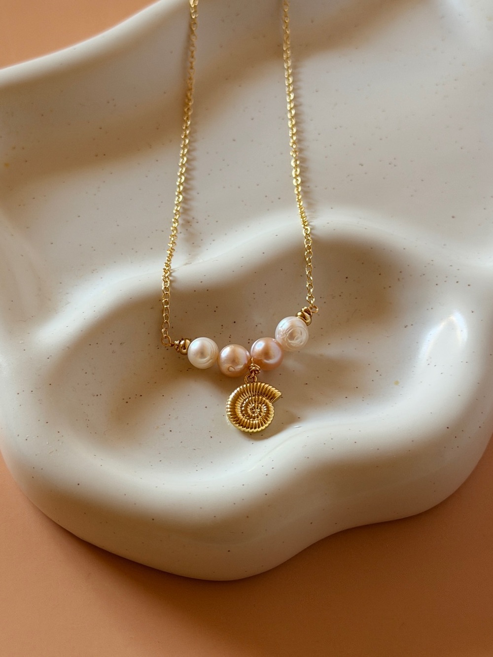 Gold Pearl Bead Necklace with Seashell Pendant - Women Jewelry